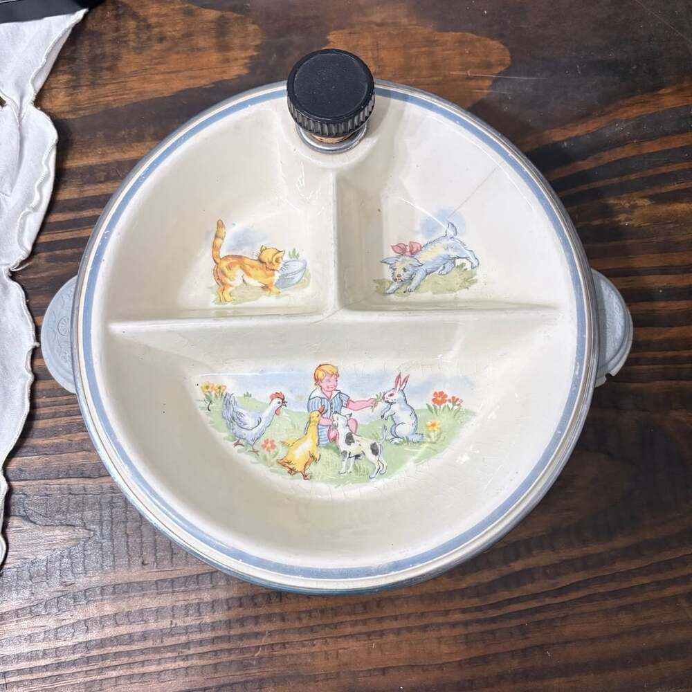 Bartsch Child's Warming Dish 3-Part Ceramic Chrome Plated